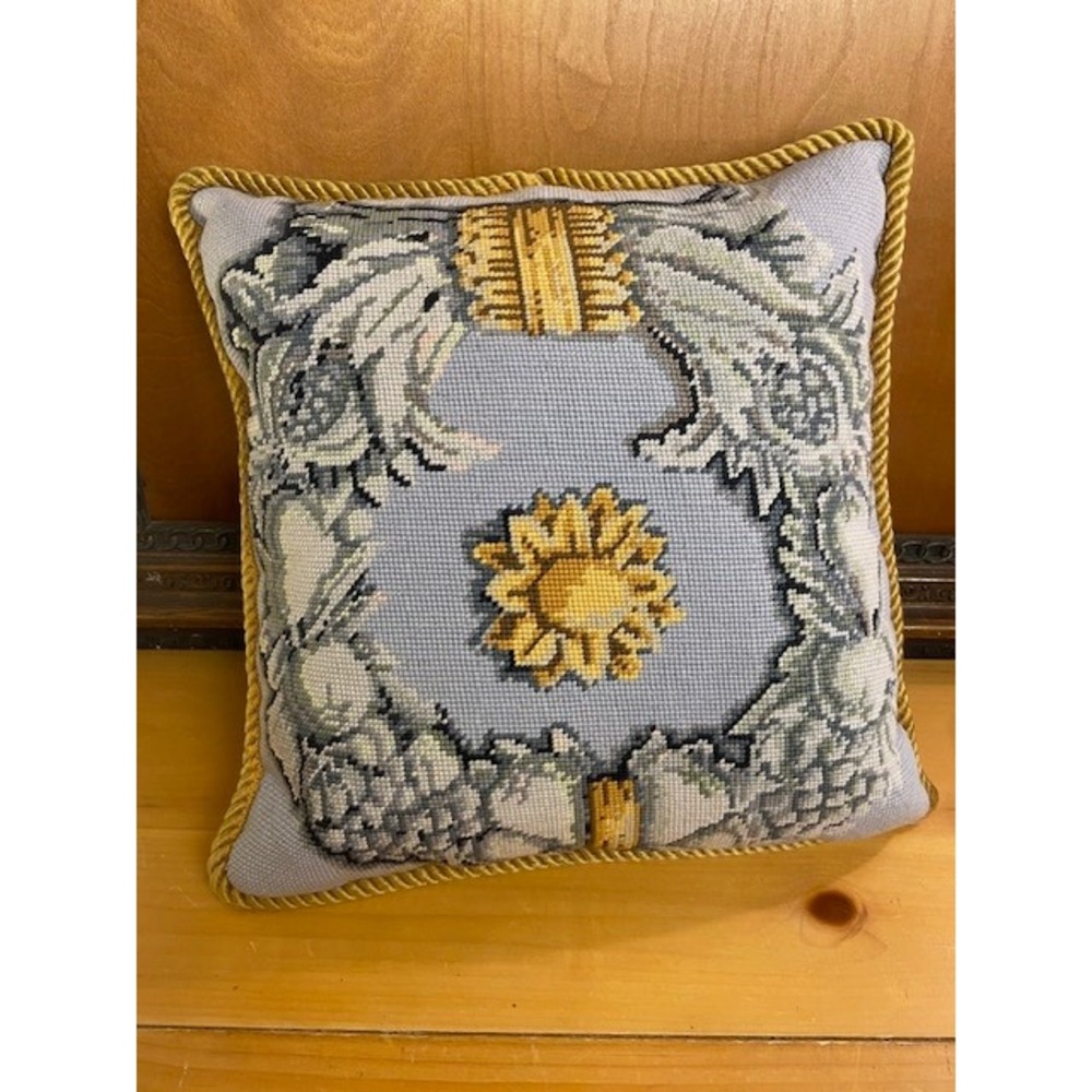Ehrman Tapestry Needlepoint Sunflower Wreath Pillow Blue Gold Wool Hand Stitched